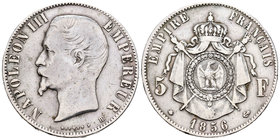 Francia. Napoleón III. 5 francos. 1856. Estrasburgo. BB. (Km-782.2). (Gad-734). Ag. 24,82 g. Limpiada. MBC-. Est...50,00.