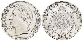 Francia. Napoleón III. 5 francos. 1867. Estrasburgo. BB. (Km-799.2). Ag. 24,74 g. BC+. Est...15,00.