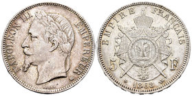 Francia. Napoleón III. 5 francos. 1868. Estrasburgo. BB. (Km-799.1). (Gad-739). Ag. 24,88 g. MBC+. Est...45,00.