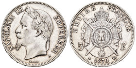 Francia. Napoleón III. 5 francos. 1870. París. A. (Km-819). (Gad-739). Ag. 24,92 g. MBC. Est...35,00.