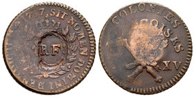 Francia. Colonias. Luis XV. 12 deniers. 1767. (Km-1). Ae. 11,59 g. Contramarca RF (Guadalupe). MBC. Est...75,00.