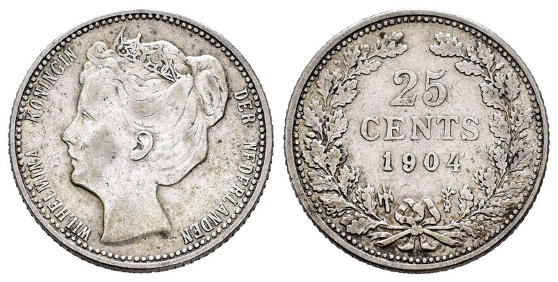 Holanda. Wilhelmina I. 25 cents. 1904. (Km-120.2). Ag. 3,56 g. MBC-. Est...18,00...
