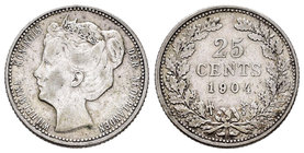 Holanda. Wilhelmina I. 25 cents. 1904. (Km-120.2). Ag. 3,56 g. MBC-. Est...18,00.
