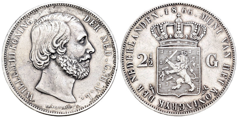 Holanda. Wilhelm II. 2 1/2 gulden. 1866. Utrecht. (Km-82). Ae. 24,83 g. Limpiada...