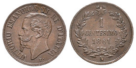 Italia. Vittorio Emanuele II. 1 centésimo. 1861. Nápoles. N. (Km-1.2). Ag. 0,93 g. EBC-. Est...30,00.