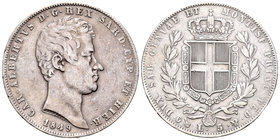Italia. Carlo Alberto. 5 liras. 1849. Génova. P. (Km-130.2). (Pagani-233). (Mont-105). Ag. 24,65 g. MBC. Est...50,00.