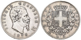 Italia. Vittorio Emanuele II. 5 liras. 1876. Roma. R. (Km-8.4). (Pagani-501). (Mont-188). 24,82 g. Golpecito. MBC/MBC+. Est...30,00.