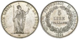 Italia. Lombardía. Governo Provvisorio. 5 liras. 1848. Milán. M. (Km-C22.2). (Pagani-213). (Mont-425). Ag. 24,97 g.  Restos de brillo original. EBC+. ...