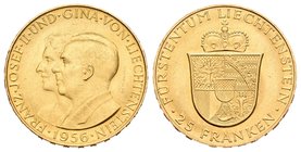 Liechtenstein. Franz Joseph II y Gina. 25 francos. 1956. (Km-Y15). (Fr-21). Au. 5,66 g. Brillo original. SC. Est...250,00.