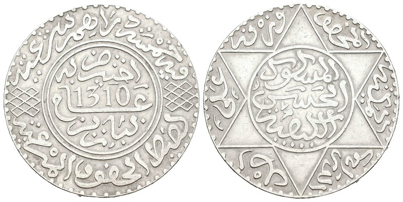 Marruecos. Moulay Abd al Hasan I. 5 dirhem. 1310 H. París. (Km-Y7). Ag. 14,49 g....