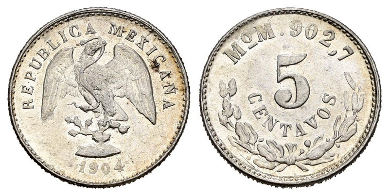 México. 5 centavos. 1904. México. M. (Km-404.2). Ag. 1,35 g. Parte de brillo ori...