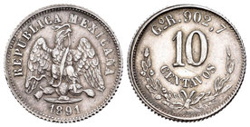 México. 10 centavos. 1891. Guanajuato. R. (Km-403.5). Ag. 2,65 g. EBC-. Est...25,00.