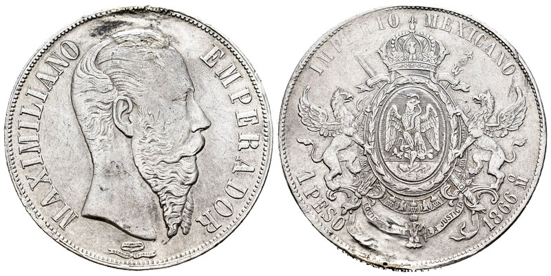 México. Maximiliano. 1 peso. 1866. México. (Km-388.1). Ag. 27,24 g. Soldadura re...