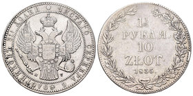 Polonia. Nicholas I. 10 zlotych (1 1/2 rublo). 1835. San Petesburgo. (Km-C134). (Bitkin-1087). (Dav-284). Ag. 30,56 g. Golpe en el canto. MBC-. Est......