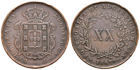 Portugal. Luiz I. 20 reis. 1867. (Km-515). (Gomes-06.01). Ae. 24,57 g. Golpes en el canto. MBC+. Est...30,00.