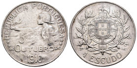 Portugal. 1 escudo. 1910. (Km-560). (Gomes-22.01). Ag. 25,05 g. EBC-. Est...45,00.