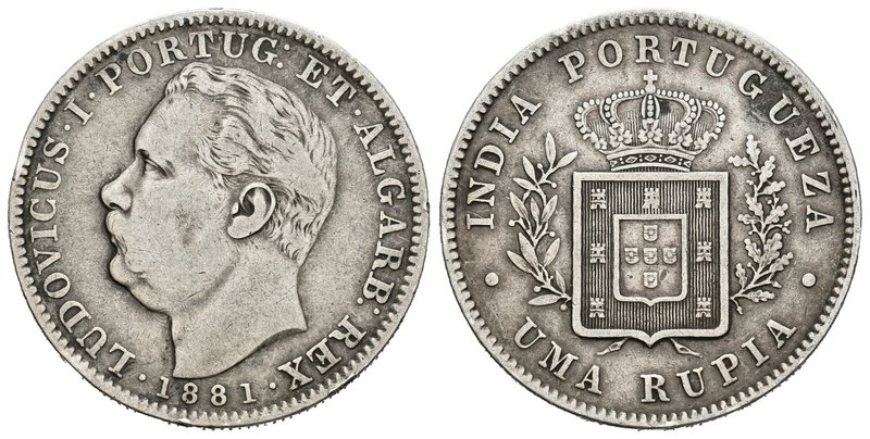 India Portuguesa. Luis I. 1 rupia. 1881. (Km-312). Ag. 11,48 g. BC+/MBC-. Est......