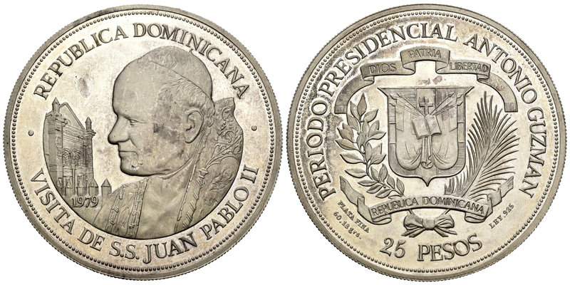 República Dominicana. 25 pesos. 1979. (Km-54). Ag. 65,37 g. Visita de Juan Pablo...