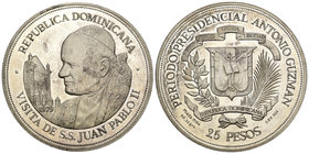 República Dominicana. 25 pesos. 1979. (Km-54). Ag. 65,37 g. Visita de Juan Pablo II. SC. Est...80,00.