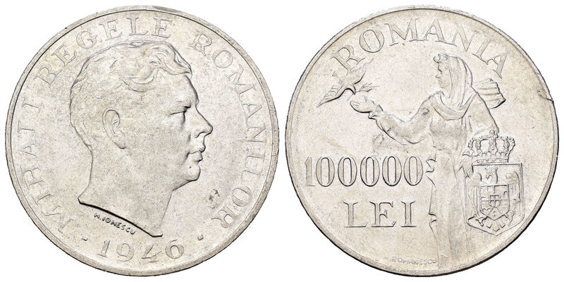 Rumanía. Mihai I. 100.000 lei. 1946. (Km-71). Plata. 25,05 g. Limpiada. MBC/MBC+...