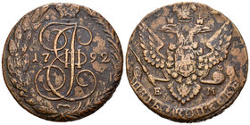 Rusia. Catherine II. 5 kopeks. 1792. Ekaterinburg. EM. (Bitkin-646). Ae. 42,95 g. BC+. Est...25,00.