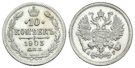 Rusia. Nicholas II. 10 kopecks. 1903. San Petesburgo. (Km-Y20a.1). (Bitkin-155). Ag. 1,76 g. EBC+. Est...70,00.