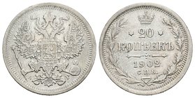 Rusia. Nicholas II. 20 kopek. 1902. San Petesburgo. AP. (Km-Y22a.1). Ag. 3,47 g. MBC. Est...50,00.