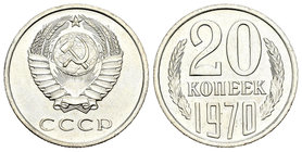 Rusia. 20 kopecks. 1970. (Km-132). Cu-Ni. 3,26 g. Brillo original. Rara. SC. Est...90,00.