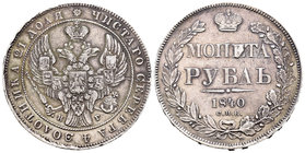 Rusia. Nicholas I. 1 rublo. 1840. San Petesburgo. (Km-168.1). Ag. 20,50 g. Golpecito en el canto. MBC+. Est...75,00.