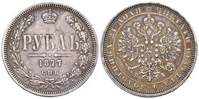 Rusia. Alexander II. 1 rublo. 1877. San Petesburgo. (Km-25). Ag. 20,64 g. MBC+. Est...80,00.