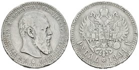 Rusia. Alexander III. 1 rublo. 1891. San Petesburgo. (Km-Y46). (Bitkin-74). Ag. 19,67 g. Golpes. Muy escasa. BC+. Est...100,00.