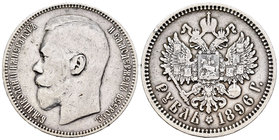 Rusia. Nicholas II. 1 rublo. 1896. San Petesburgo. (Km-Y59.3). (Bitkin-39). Ag. 19,85 g. Golpecitos. BC+. Est...35,00.