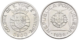 Santo Tomé. 5 escudos. 1939. (Km-6). Ag. 6,96 g. EBC+. Est...50,00.