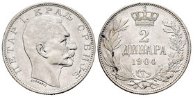 Serbia. Peter I. 2 dinares. 1904. (Km-26.1). Ag. 10,01 g. Golpecito en el canto. EBC. Est...25,00.
