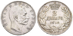 Serbia. Peter I. 2 dinares. 1912. (Km-26.1). Ag. 10,04 g. EBC+. Est...35,00.