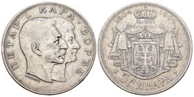 Serbia. Peter I. 5 dinara. 1903. (Km-27). Ag. 24,75 g. Centenario de la dinastía Karageorge. Escasa. BC+. Est...35,00.