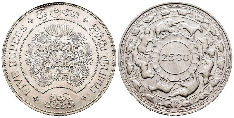 Sri Lanka. 5 rupias. 1957. (Km-126). Ag. 28,22 g. 2500 años del budismo. EBC+. E...