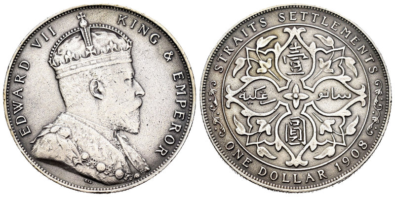 Straits Settlements. Edward VII. 1 dollar. 1908. (Km-26). Ag. 20,07 g. MBC/MBC+....