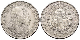 Suecia. Oscar II. 2 kroner. 1907. (Km-776). Ag. 15,00 g. Bodas de oro de Oscar II y Sofía. EBC. Est...25,00.