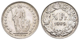 Suiza. 1/2 franco. 1909. Berna. B. (Km-25). Ag. 2,52 g. EBC. Est...12,00.