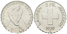 Suiza. 5 francos. 1939. Berna. B. (Km-42). Ag. 15,01 g. Brillo original. SC-. Est...280,00.