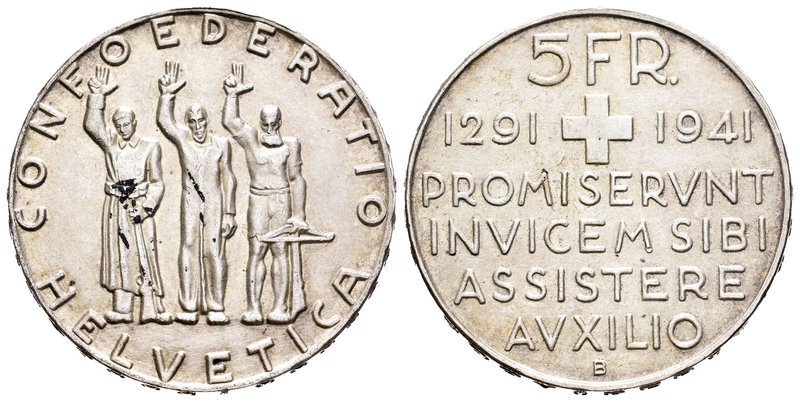 Suiza. 5 francos. 1941. Berna. B. (Km-44). Ag. 14,95 g. 650º Aniversario de la C...