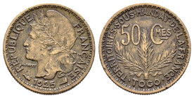 Togo. 50 centimes. 1925. (Km-1). Ae. 2,49 g. Periodo de regencia francesa. MBC+. Est...16,00.