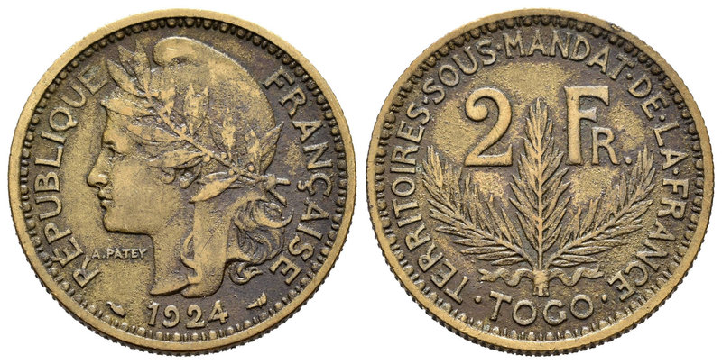 Togo. 2 francos. 1924. (Km-3). Ae. 9,82 g.  Época colonial freancesa. MBC-. Est....