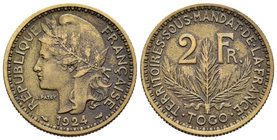 Togo. 2 francos. 1924. (Km-3). Ae. 9,82 g.  Época colonial freancesa. MBC-. Est...30,00.
