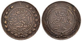 Túnez. 1 kharub. 1284 H (1864). Abdul Aziz & Muhammad al-Sadik Bey Kharub. (Km-155). Ae. 3,61 g. MBC. Est...30,00.