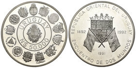 Uruguay. 50.000 nuevos pesos. 1992. (Km-100). Ag. 26,99 g. Encuentro de dos mundos. PROOF. Est...30,00.