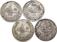 Afganistán. Lote de 4 piezas de plata de 2 1/2 rupias en tiempo de Amanullah, 1298 H (1919), 1299 H (1920), 1300 H (1921), 1303 H (1924), todos Km-878...