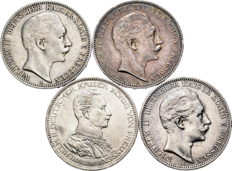 Alemania. Prussia. Lote de 4 piezas de 3 marcos de plata de Wilhelm II, 1909, 19...