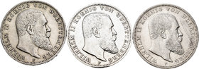Alemania. Wurttemberg. Lote de 3 piezas de 3 marcos de plata en época de Wilhelm II, 1909, 1910, 1914. A EXAMINAR. MBC/MBC+. Est...65,00.